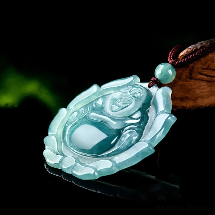 Polished jade laughing Buddha pendant side profile view showing carved buddha features