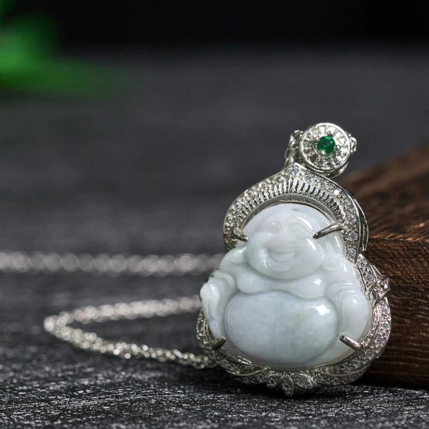 Laughing Buddha jade pendant side angle view showing ornate silver setting and attached necklace chain