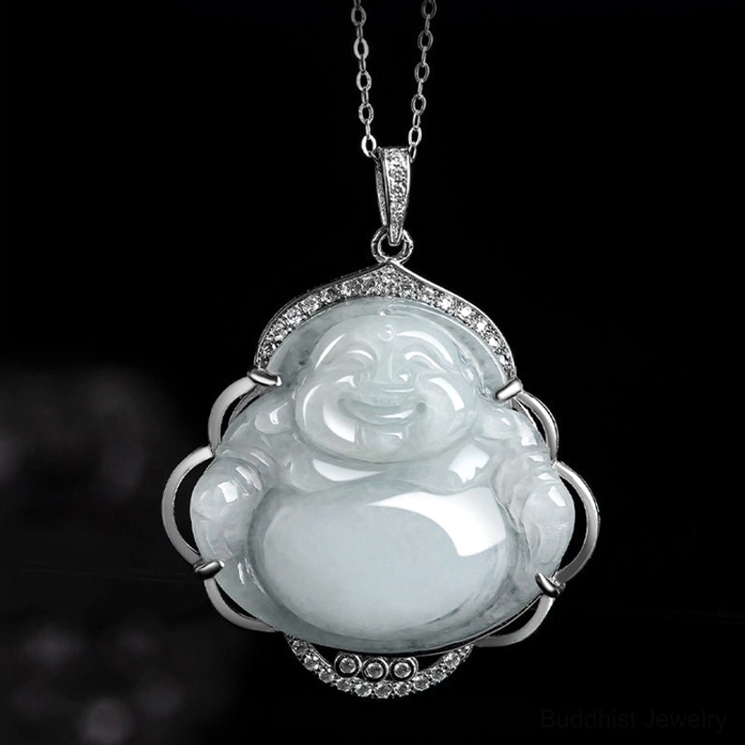 Laughing Buddha jade pendant side view with open silver claw mounting and zircon embellishments studio photography