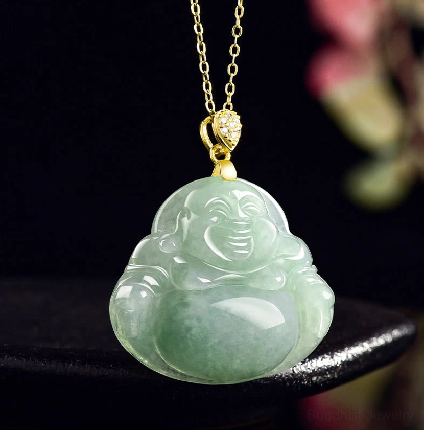 Laughing buddha jade pendant necklace three-quarter side view showing carved details and ornate gold bail