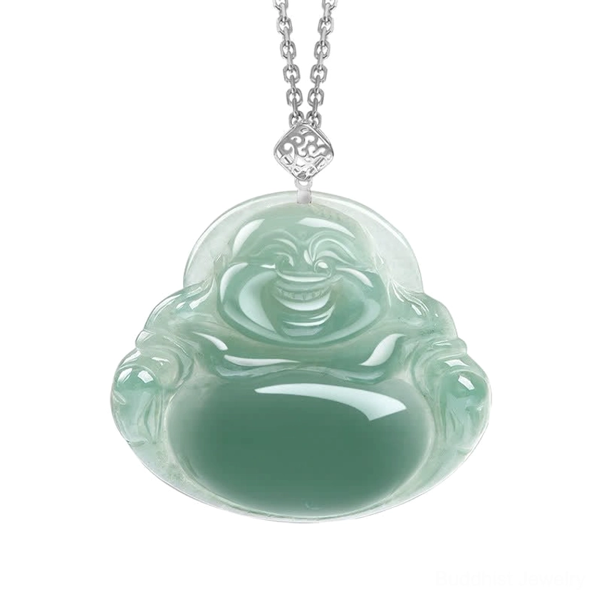 Laughing Buddha jade pendant with silver hollow-out clasp and silver chain on white background flat lay