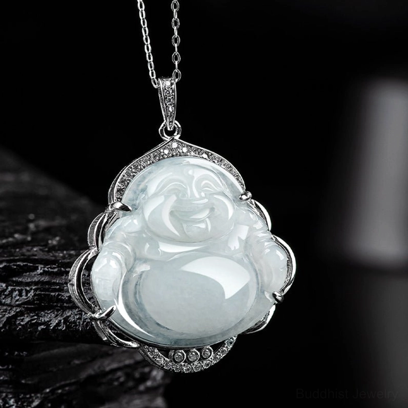 Natural jade Buddha pendant with silver zircon setting detailed front view for prosperity and abundance necklace