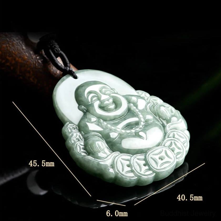 Laughing Buddha jade pendant with size reference label highlighting compact dimensions and copper coin border detail