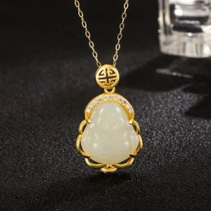 Laughing Buddha white jade pendant necklace with 925 sterling silver chain, top-down close-up view showing polished jade carving and gold-tone setting