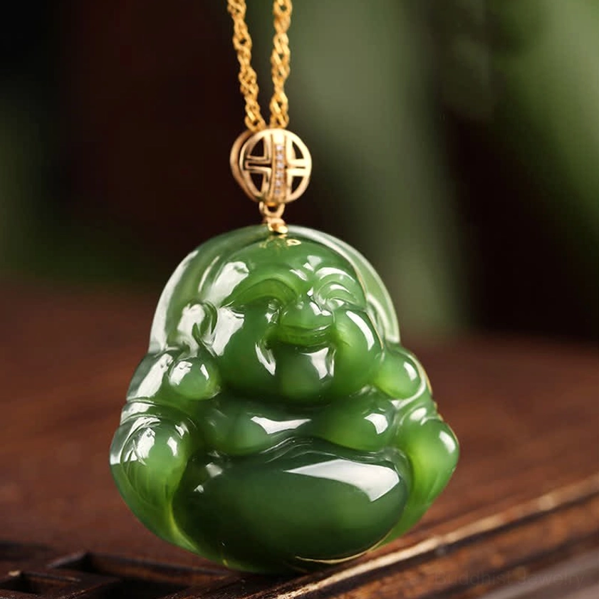 Laughing Buddha jade pendant three-quarter angle showing carved facial details and ornate gold bail clasp