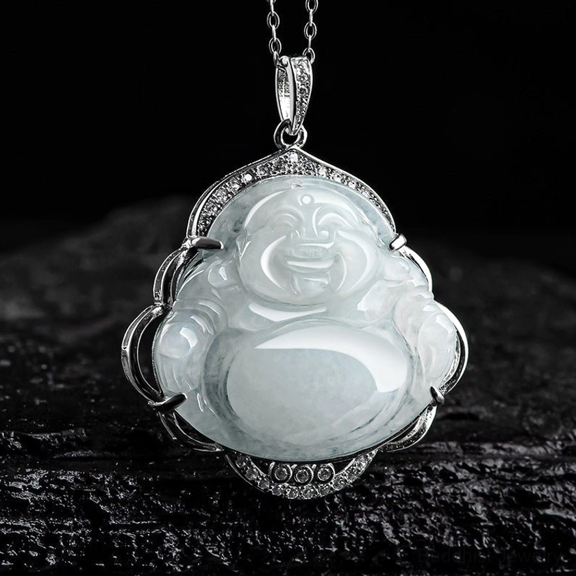 Natural jade Maitreya Buddha pendant three-quarter front view complete zircon inlaid silver frame detail shot