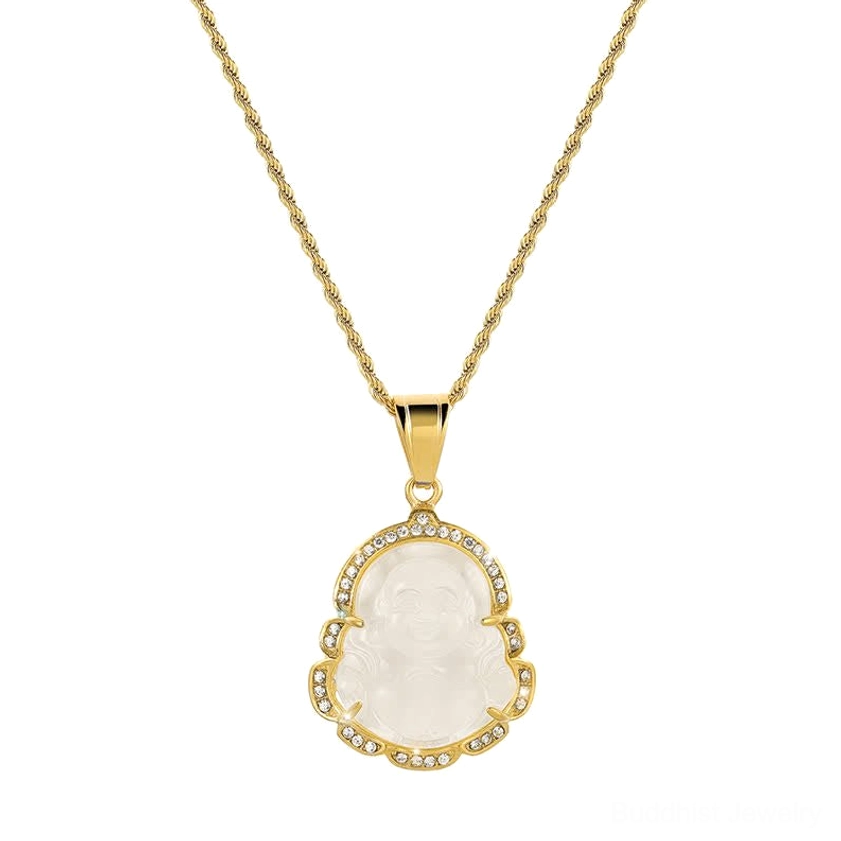 White jade Laughing Buddha necklace pendant in frontal flat lay on white background with thin gold chain and rhinestone-encrusted frame