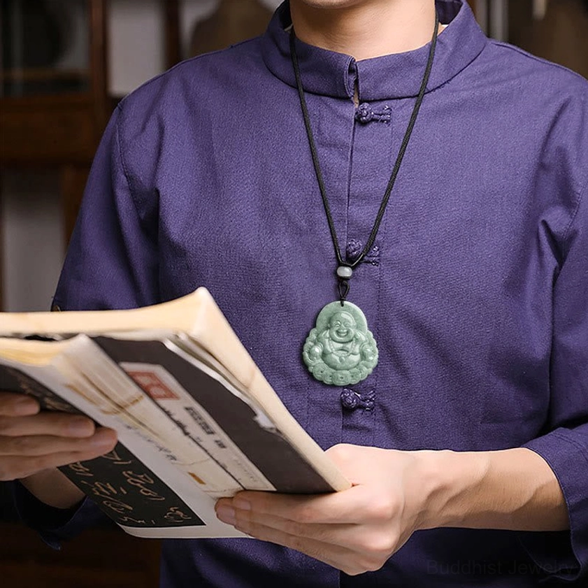 Woman wearing Laughing Buddha jade pendant necklace demonstrating wearable length and styling versatility