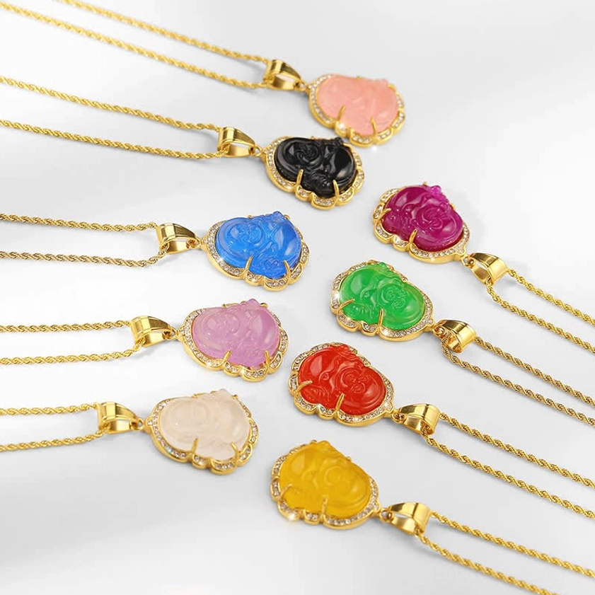 Yellow jade Laughing Buddha pendant necklace on white background with warm golden-toned stone and delicate gold chain