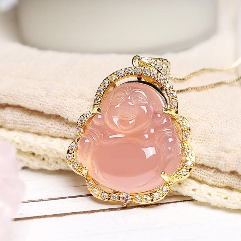 Laughing Buddha jade prosperity necklace, additional detail and styling view