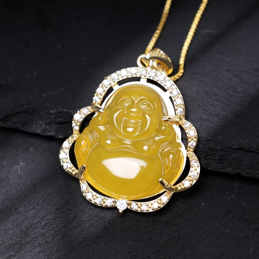 Laughing Buddha necklace featuring natural jade and protective energy stones, spiritual jewelry