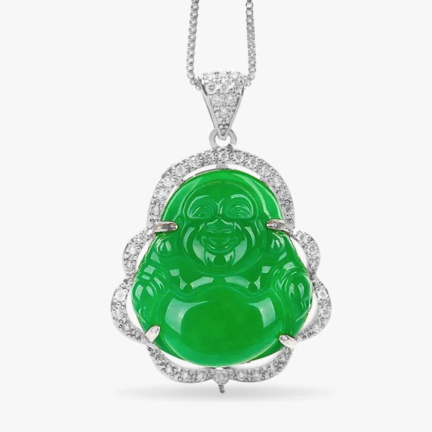 Silver laughing Buddha jade necklace with cubic zirconia halo, close-up shot on white studio background