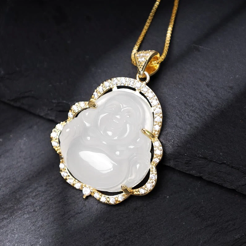 Laughing Buddha pendant necklace with natural jade stones and cubic zirconia, multiple color options