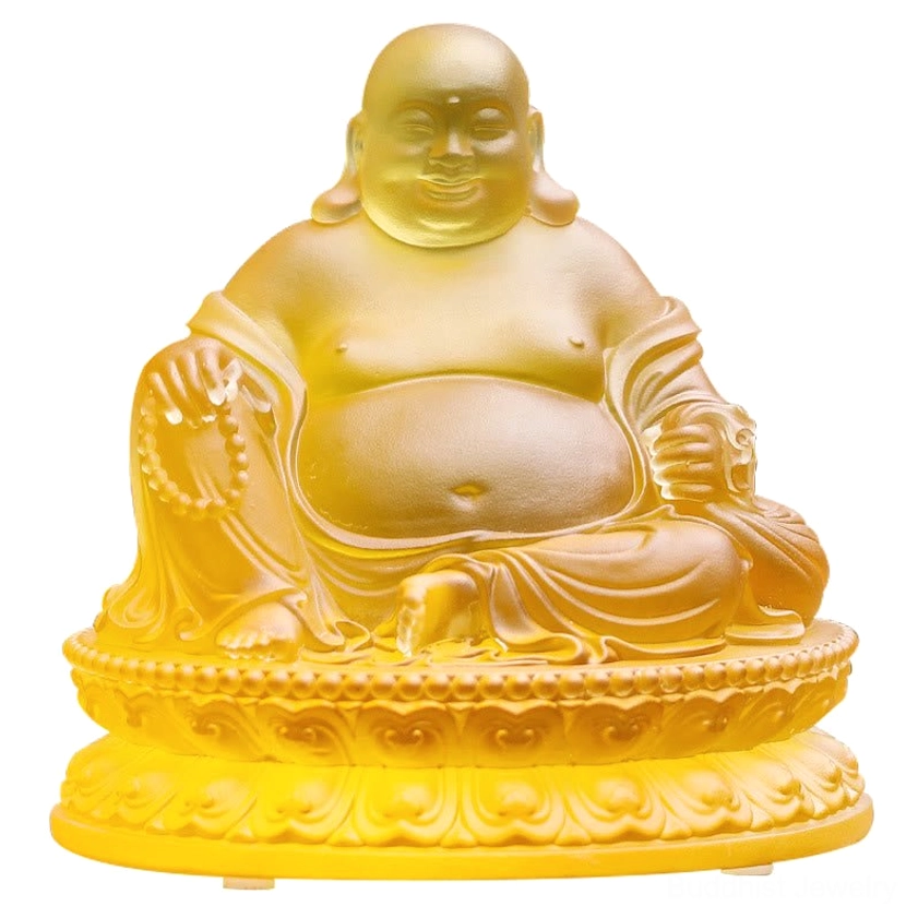 Laughing Buddha Liuli crystal handcrafted art piece detail shot showing material quality frosted finish amber tone