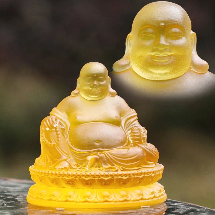Medium Laughing Buddha Liuli crystal statue front view with head overlay dark background prayer beads lotus pedestal