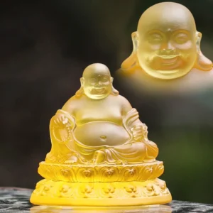 Handcrafted Laughing Buddha Liuli crystal statue small size front view with detailed head close-up showing serene smile and carved lotus base