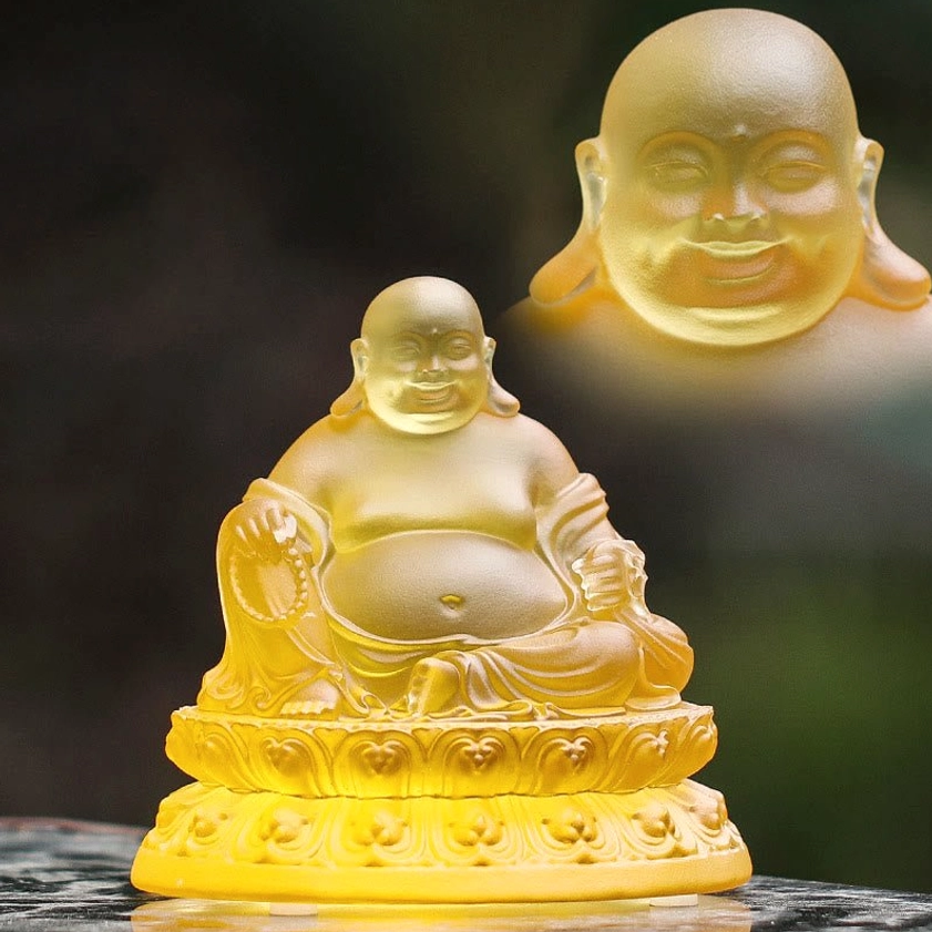 Handcrafted Laughing Buddha Liuli crystal statue small size front view with detailed head close-up showing serene smile and carved lotus base
