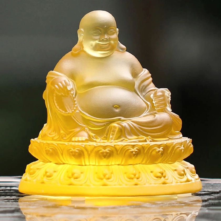 Single Laughing Buddha Liuli crystal statue three-quarter front view holding prayer beads with intricate carved lotus base