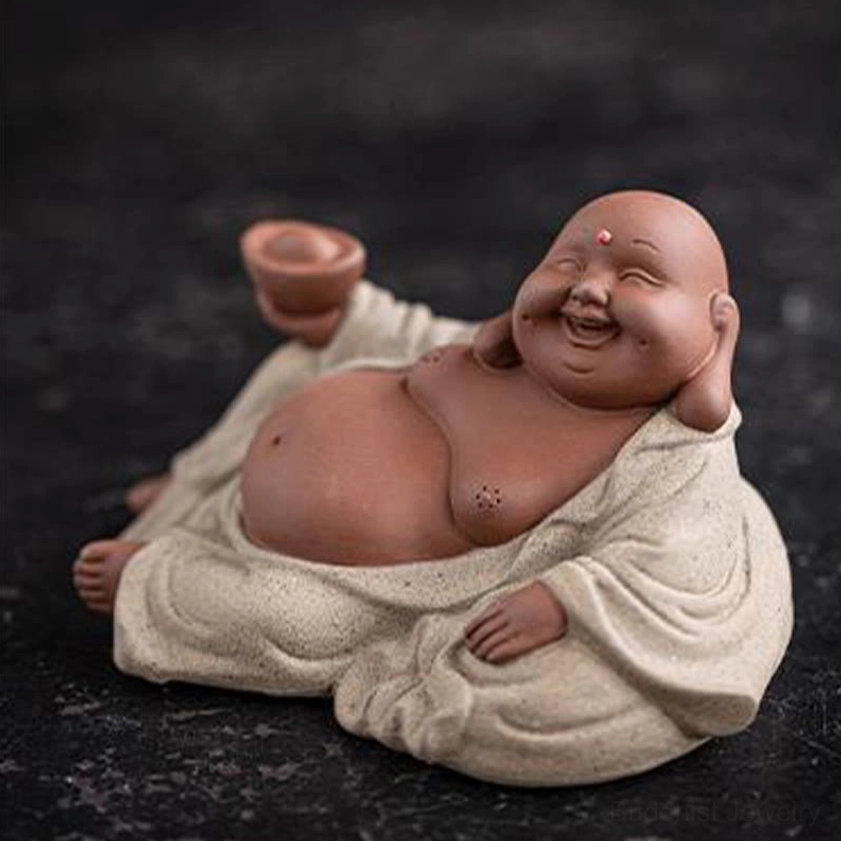 Laughing Buddha ceramic sculpture, joyful expression, purple clay material, meditation altar decoration, inner peace