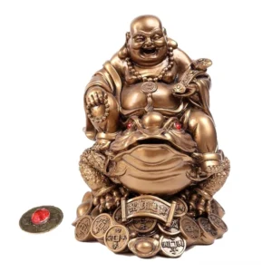 Laughing Buddha sitting on money toad feng shui statue bronze finish with fortune coins and red gemstone eyes
