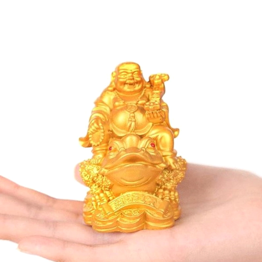 Golden laughing buddha feng shui money toad ornament with red gem eyes and fortune coins