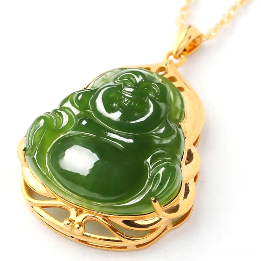 Laughing Buddha jade necklace pendant with smiling Maitreya carving and hollowed gold bottom frame, low angle close-up