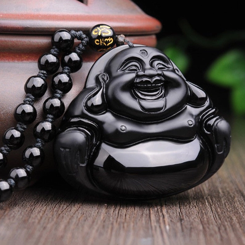 Black Obsidian Buddha pendant necklace three-quarter side view with black beaded chain and engraved mantra bead