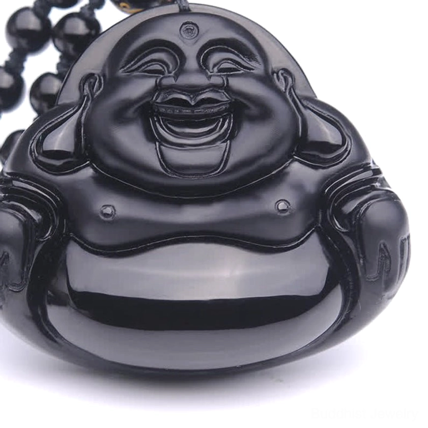 Black Obsidian Laughing Buddha pendant front flat close-up displaying high gloss finish and complete hand-carved Buddha details