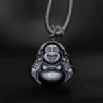 Silver sheen obsidian Laughing Buddha pendant necklace with dark grey matte finish carved Maitreya Buddha on braided rope, front view