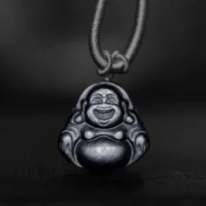 Silver sheen obsidian Laughing Buddha pendant necklace with dark grey matte finish carved Maitreya Buddha on braided rope, front view