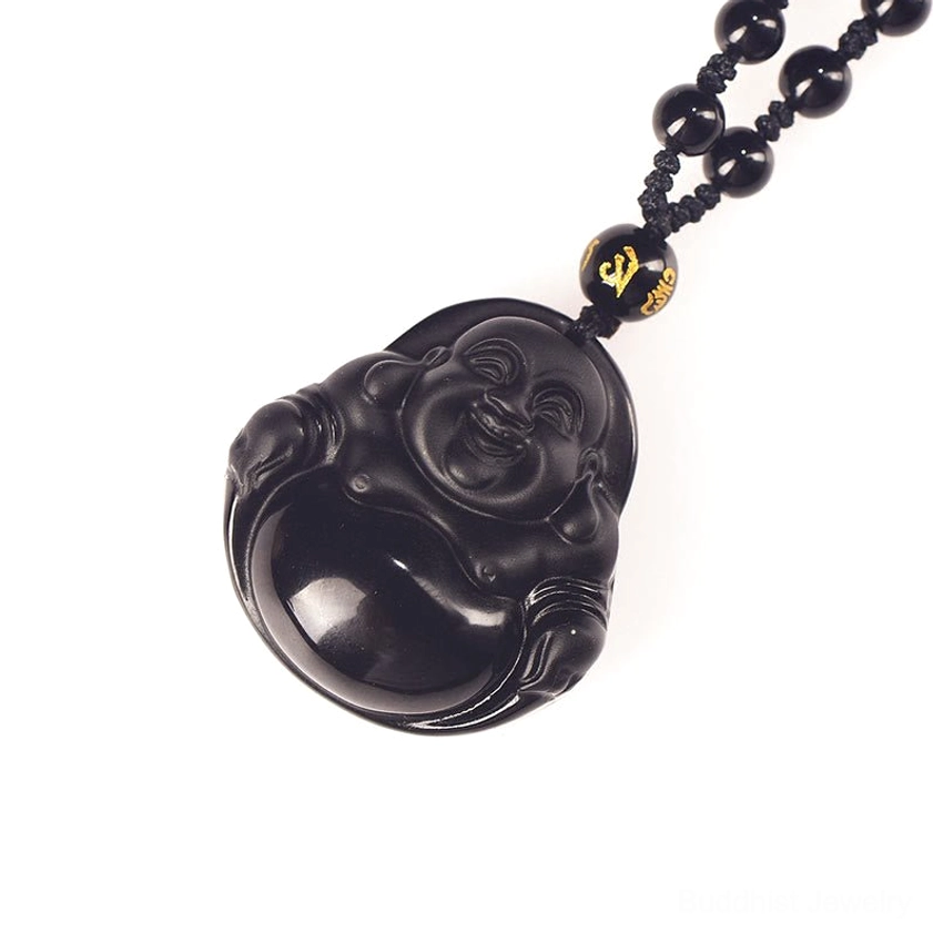 Laughing Buddha obsidian pendant showing fine craftsmanship and polished stone surface