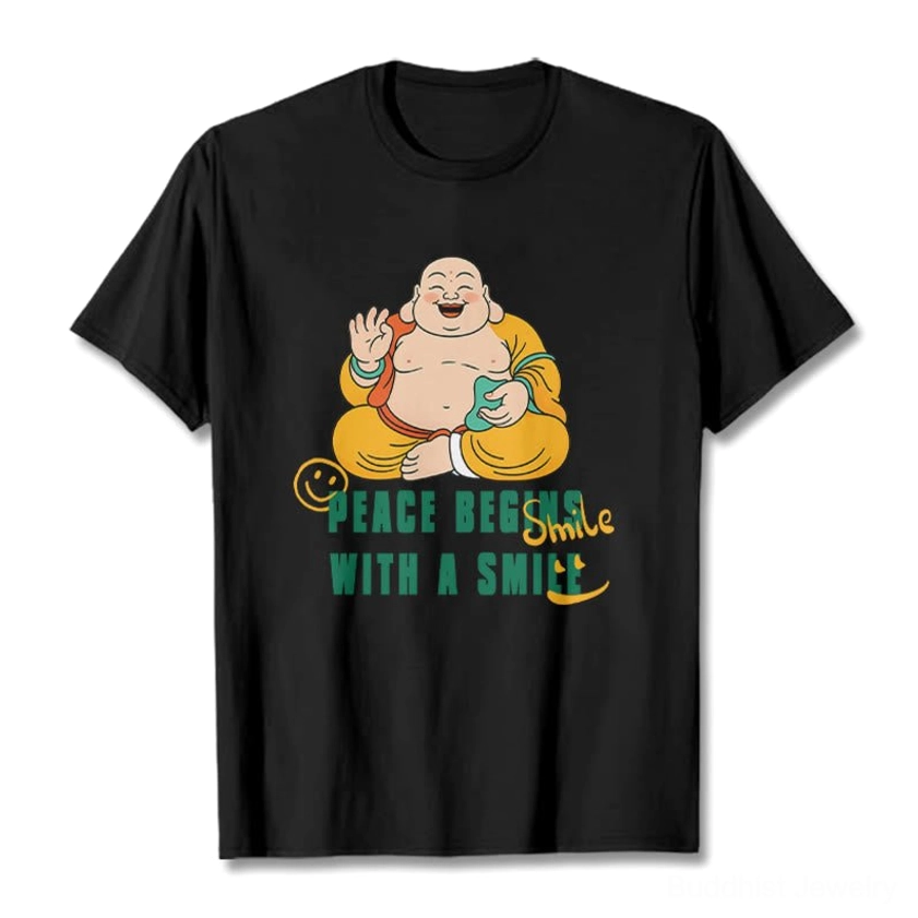 Pure black Laughing Buddha Peace Begins With A Smile graphic t-shirt front flat lay view