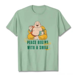 Mint green Laughing Buddha Peace Begins With A Smile graphic t-shirt front flat lay view