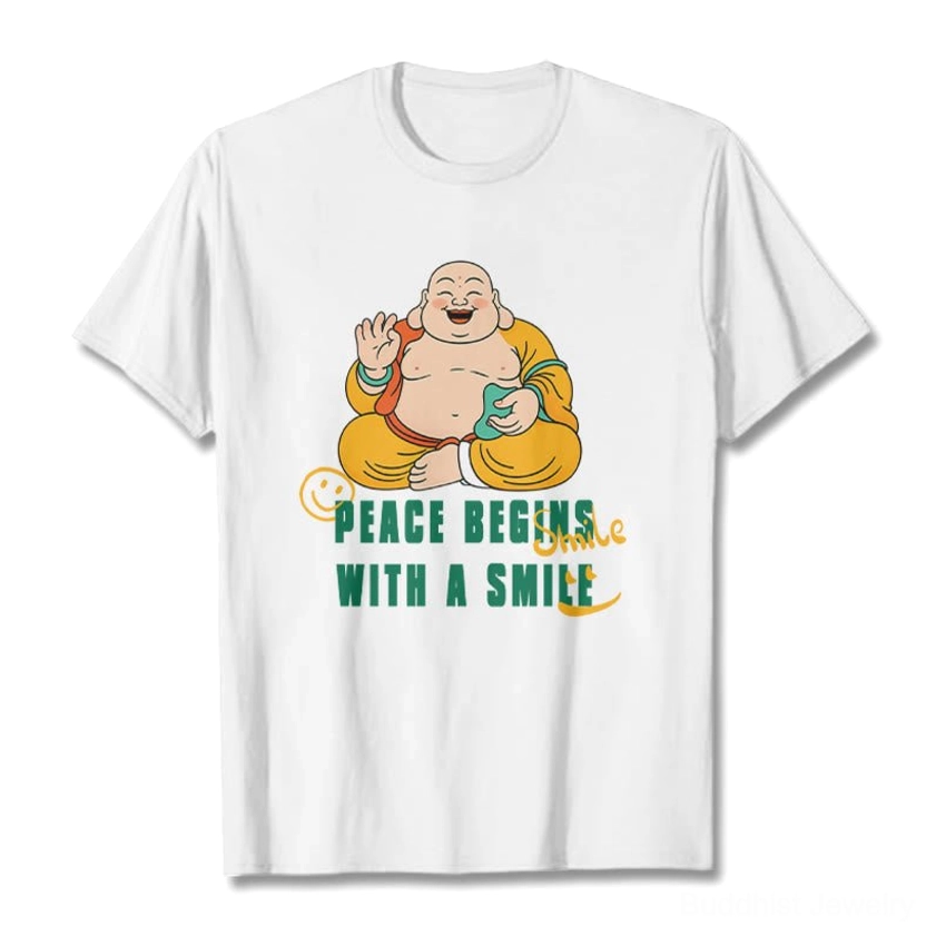 Pure white Laughing Buddha Peace Begins With A Smile graphic t-shirt front flat lay showcase