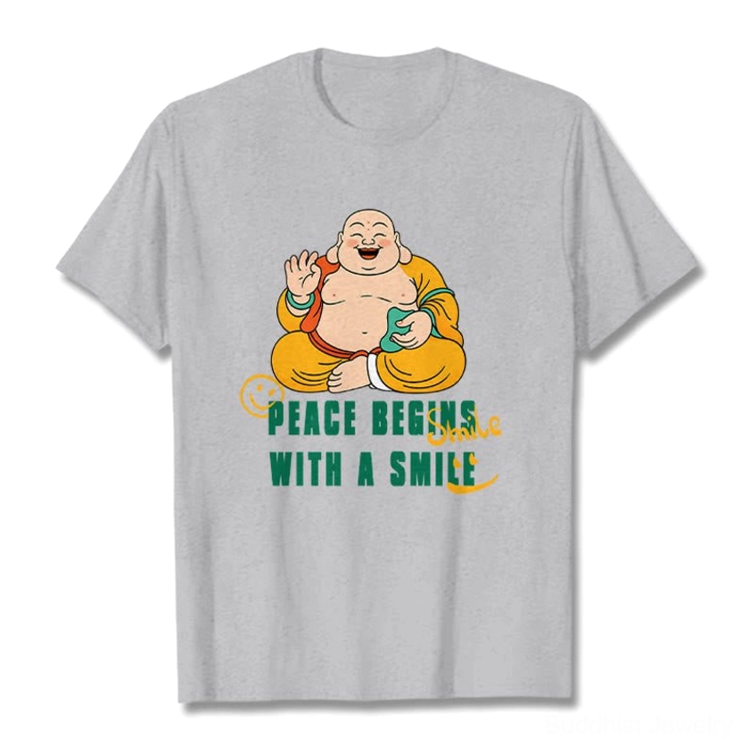 Male model wearing light grey Buddhist peace graphic tee comfortable fit indoor casual