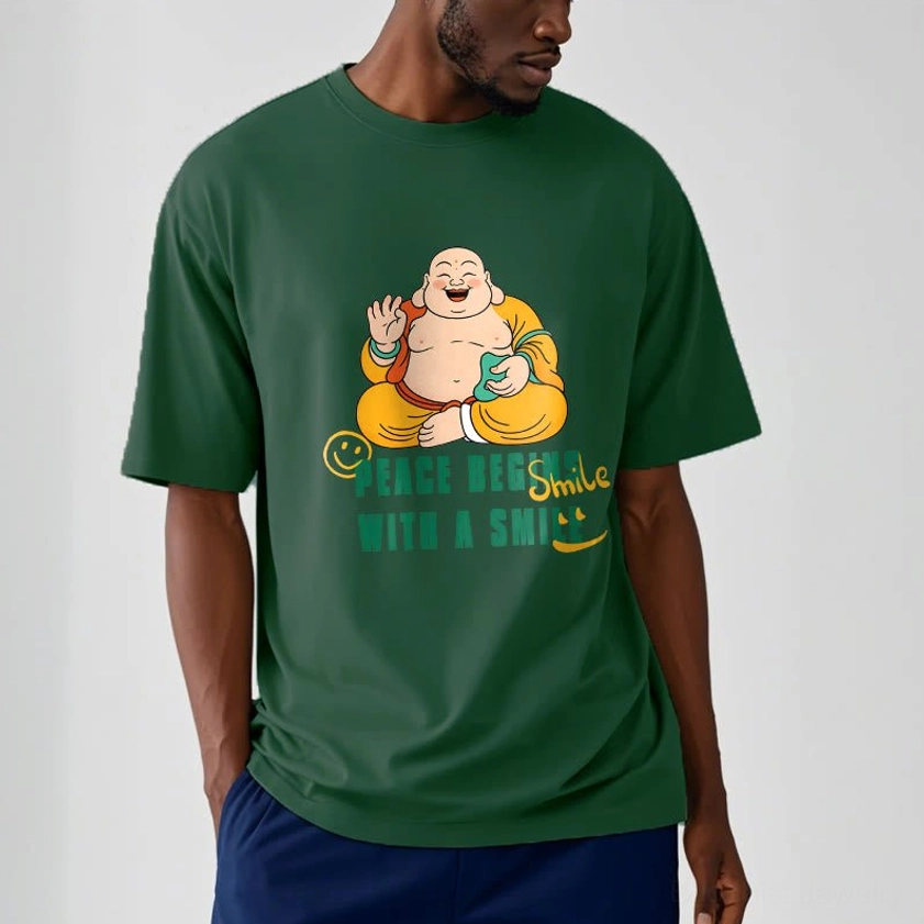 Laughing Buddha peace begins with smile tee packaging sustainable eco-friendly materials