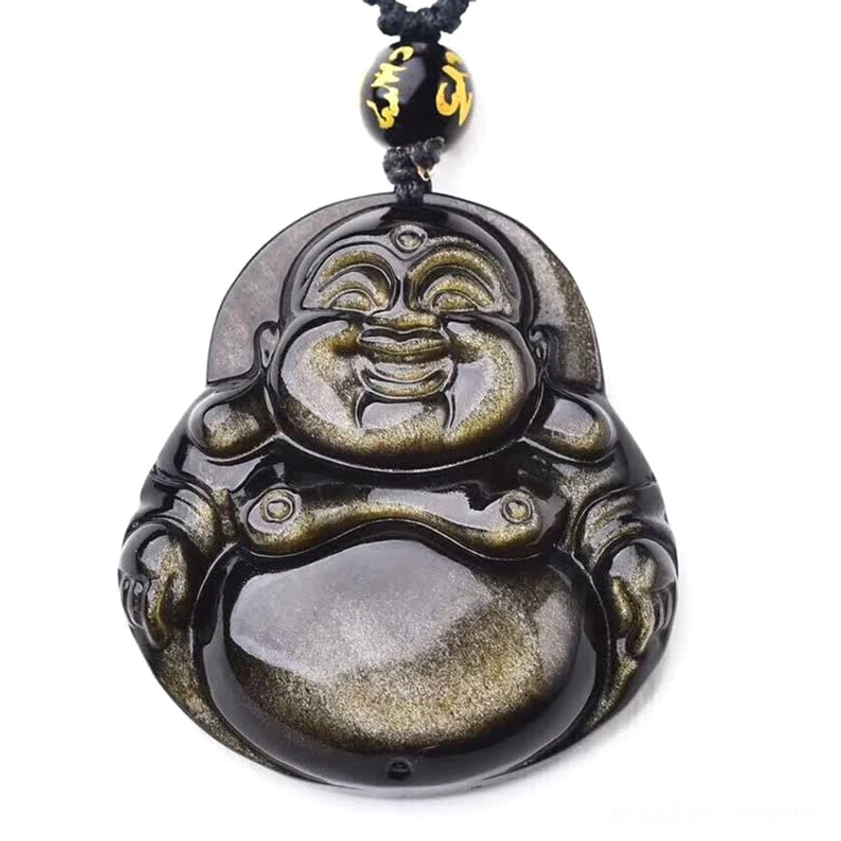 Large single laughing Buddha gold sheen obsidian pendant close-up showing detailed carved facial features and glossy finish