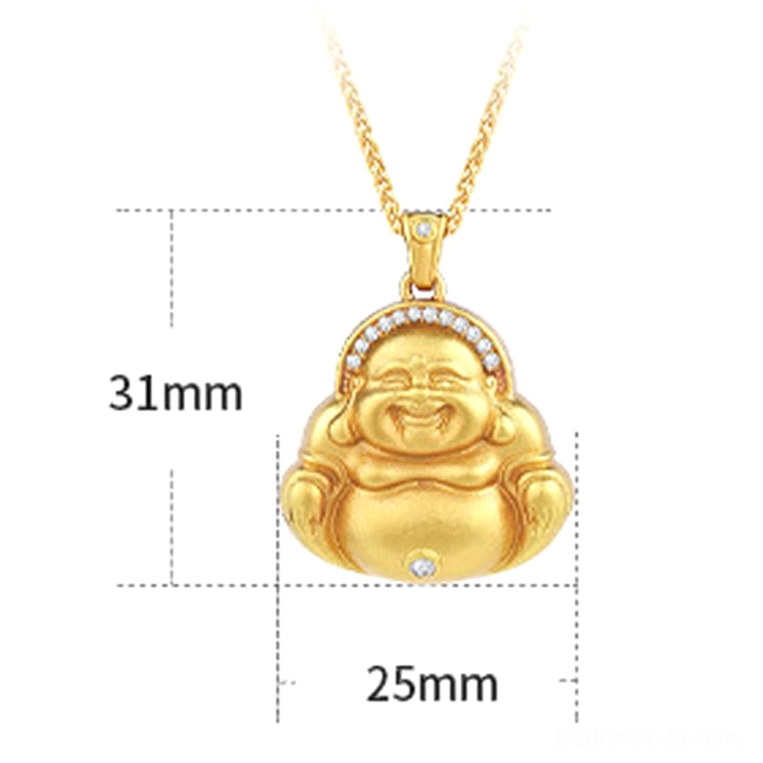 Laughing Buddha pendant necklace actual size 31mm x 25mm dimensions gold finish zircon detail