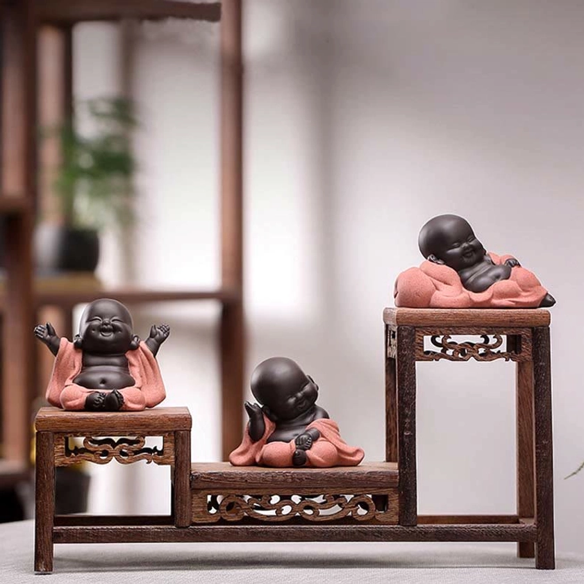 Laughing Buddha statue for prosperity and abundance, handmade clay figurine for feng shui home blessing