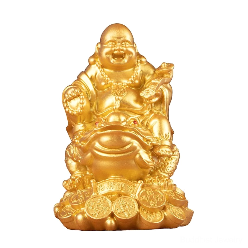 Laughing Buddha riding feng shui toad statue ruyi scepter copper coin base golden