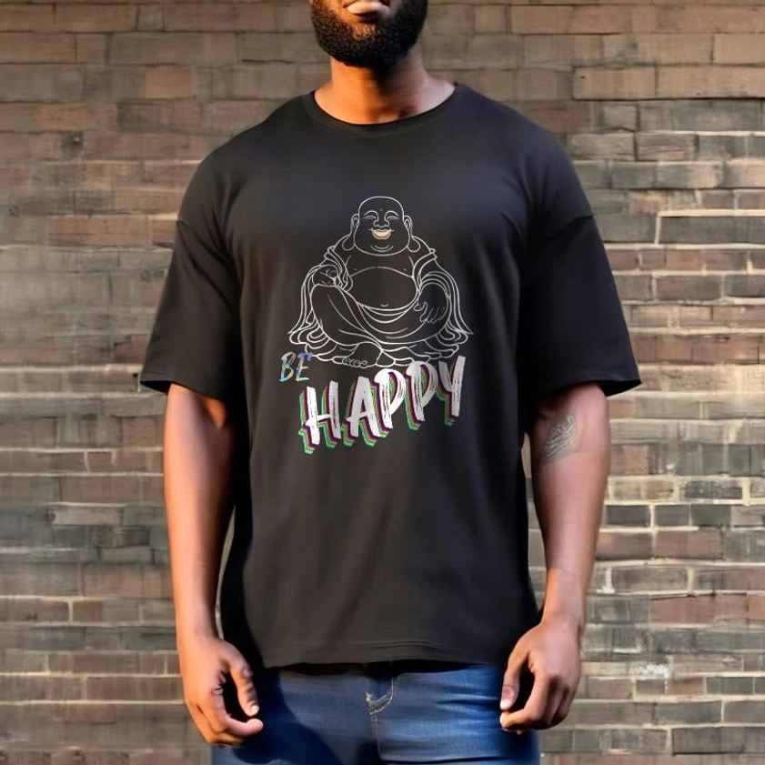 Black Laughing Buddha BE HAPPY t-shirt model wear brick wall background casual style