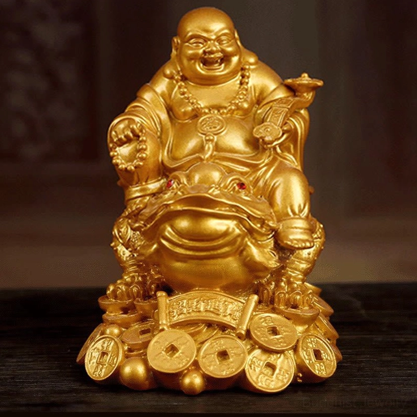 Laughing Buddha three-legged toad statue standing on copper coins matte golden