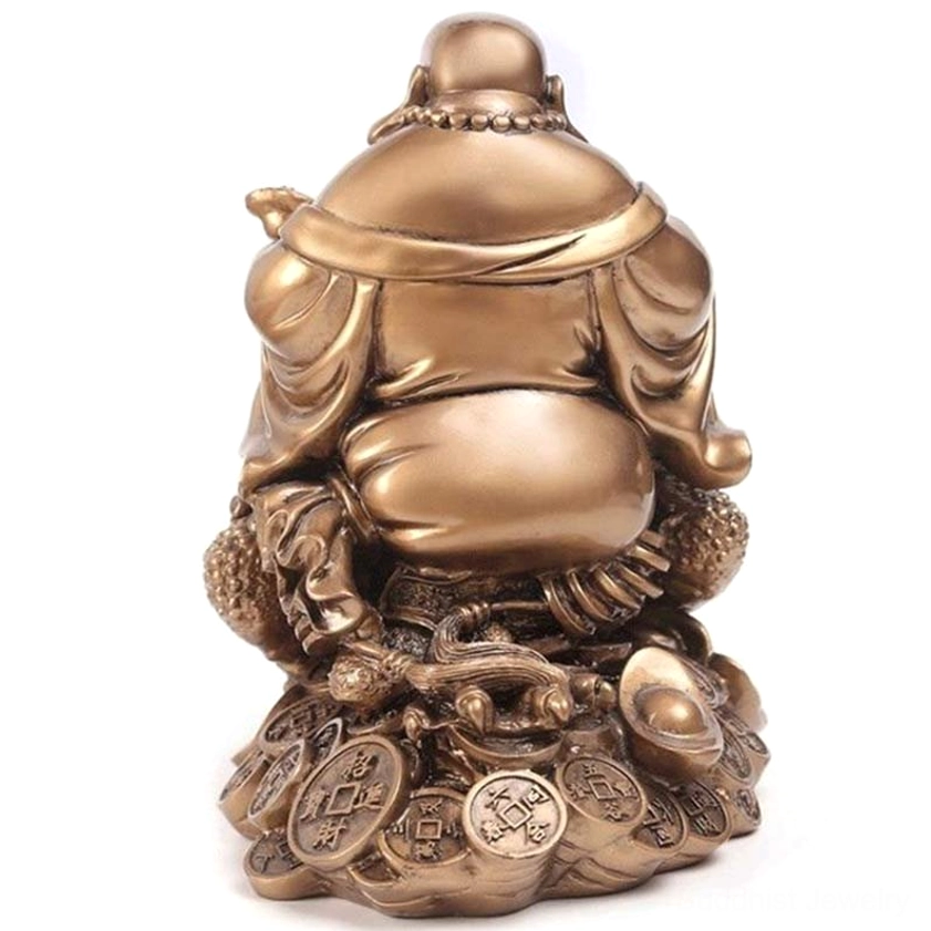Buddha money toad ornament rear view showing detailed robe texture and fortune coin base
