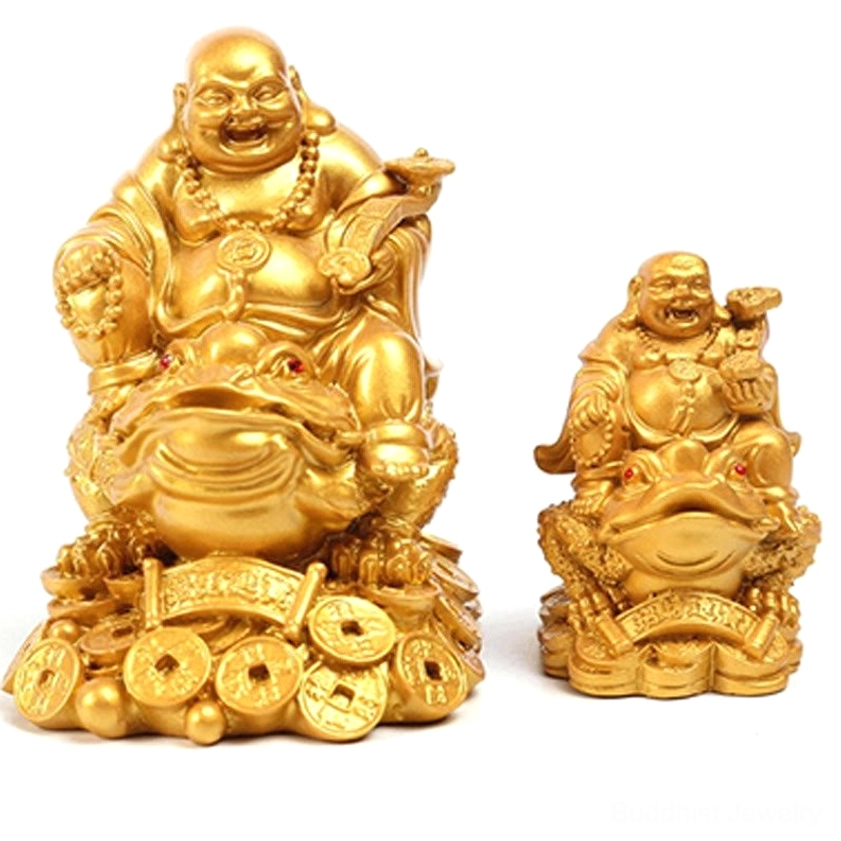 Two sizes Laughing Buddha feng shui toad statue comparison set bright golden