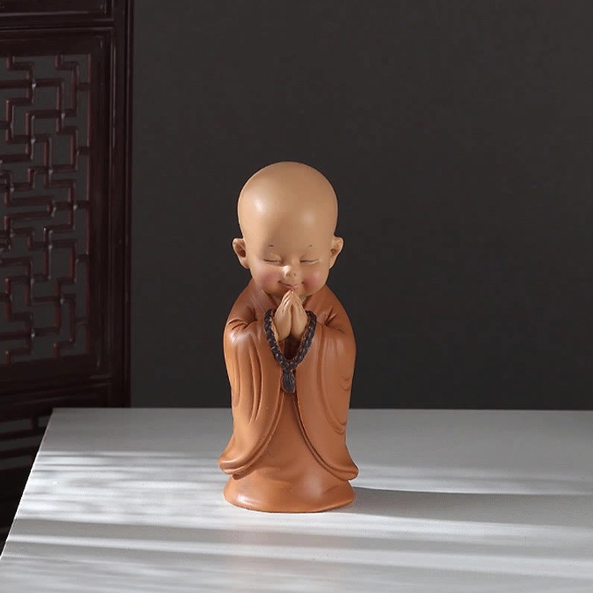 Laughing mini monk figurine joyful expression contentment, 5.5 x 3.5 x 8.5cm Buddhist home décor