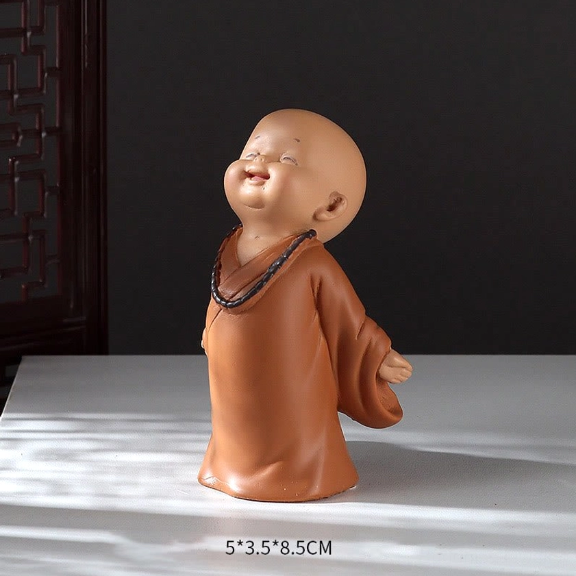 Laughing monk figurine with joyful expression, lightness of being Buddhist wisdom, 5.5 x 3.5 x 8.5cm