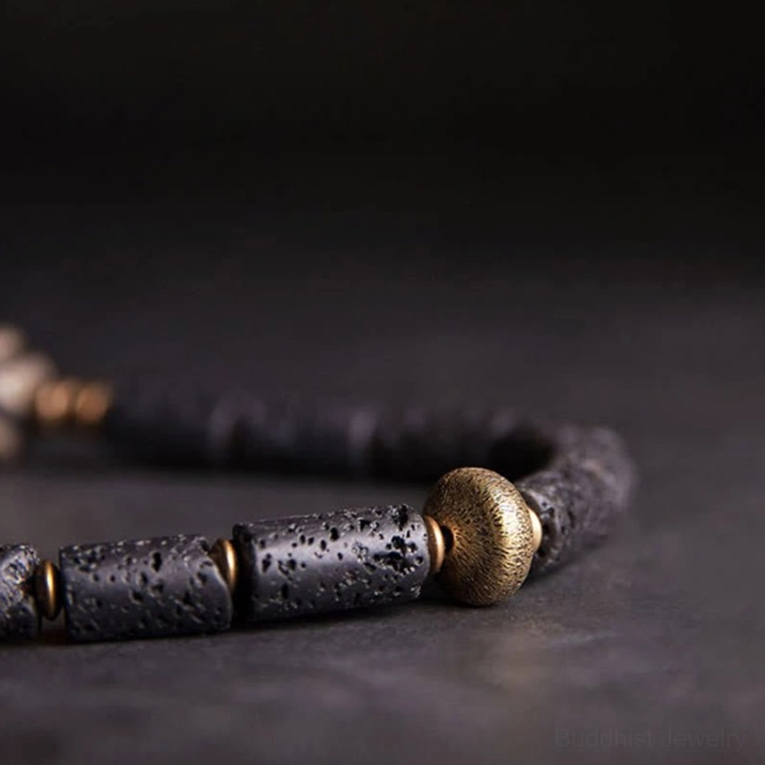 Lava rock three-eye Dzi bead Buddhist bracelet premium elastic string unisex design