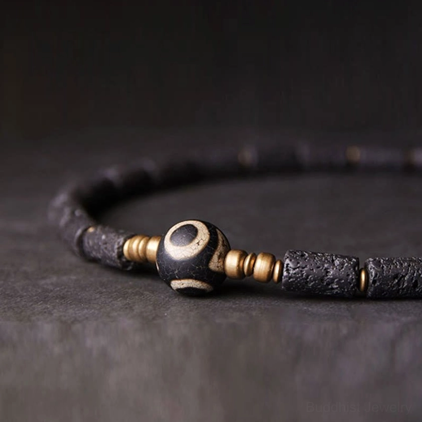 Three-eye Dzi bead lava rock wrap bracelet handmade natural materials authentic craftsmanship