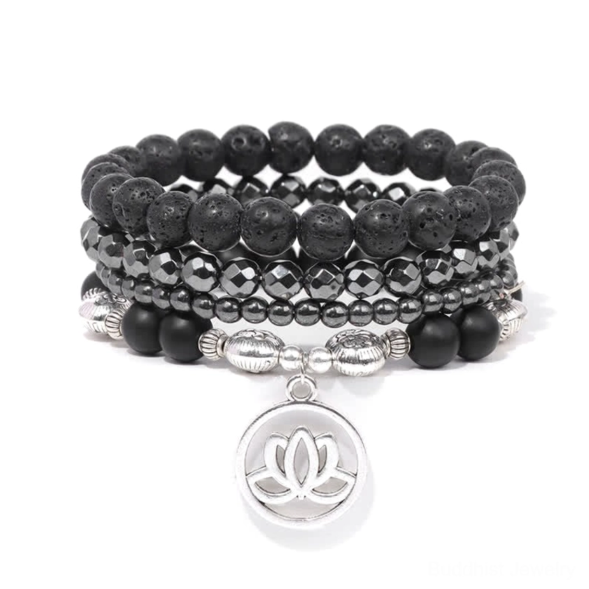 Lava rock bracelet with black frosted matte finish beads and lotus metal pendant
