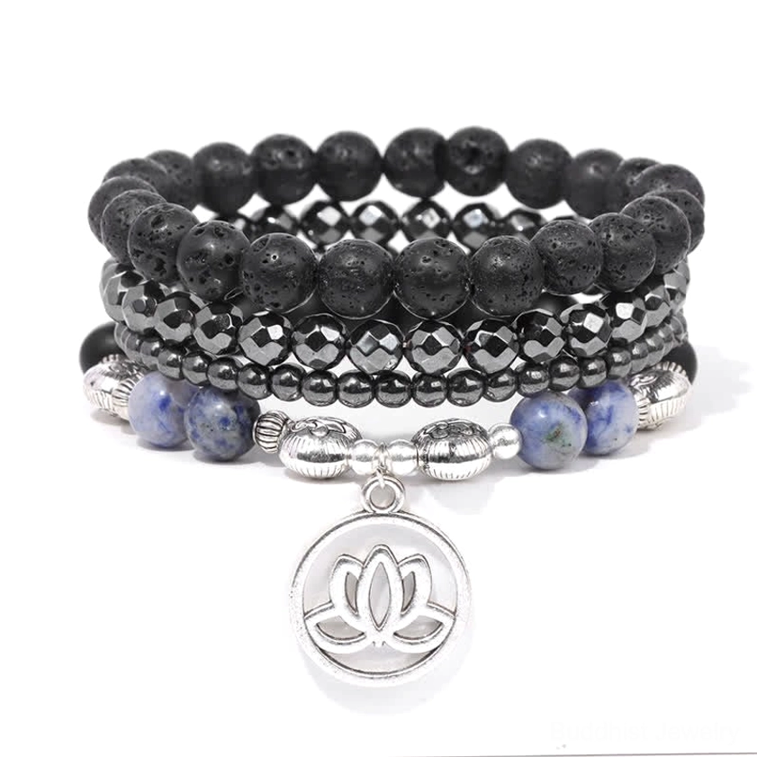 Lava stone bracelet with blue speckled sodalite beads and lotus pendant charm